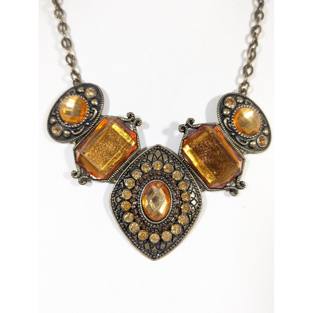 Amber Color Faceted Bib Statement Necklace Gold Tone Rhinestone Ornate 21"‎